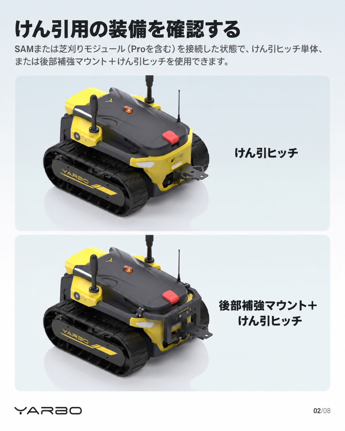 Yarboけん引ガイドの日本語版：けん引ヒッチ単体と後部補強マウントを組み合わせる構成