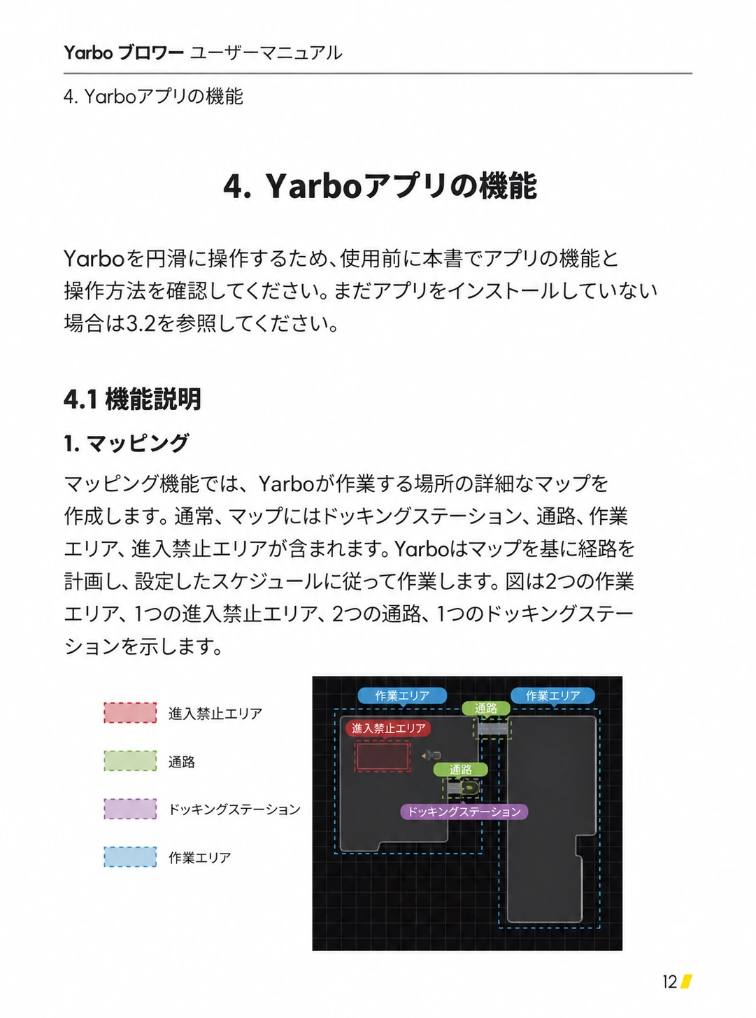 作業エリア、通路、ドッキングステーション、進入禁止エリアを色分けした日本語版マップ