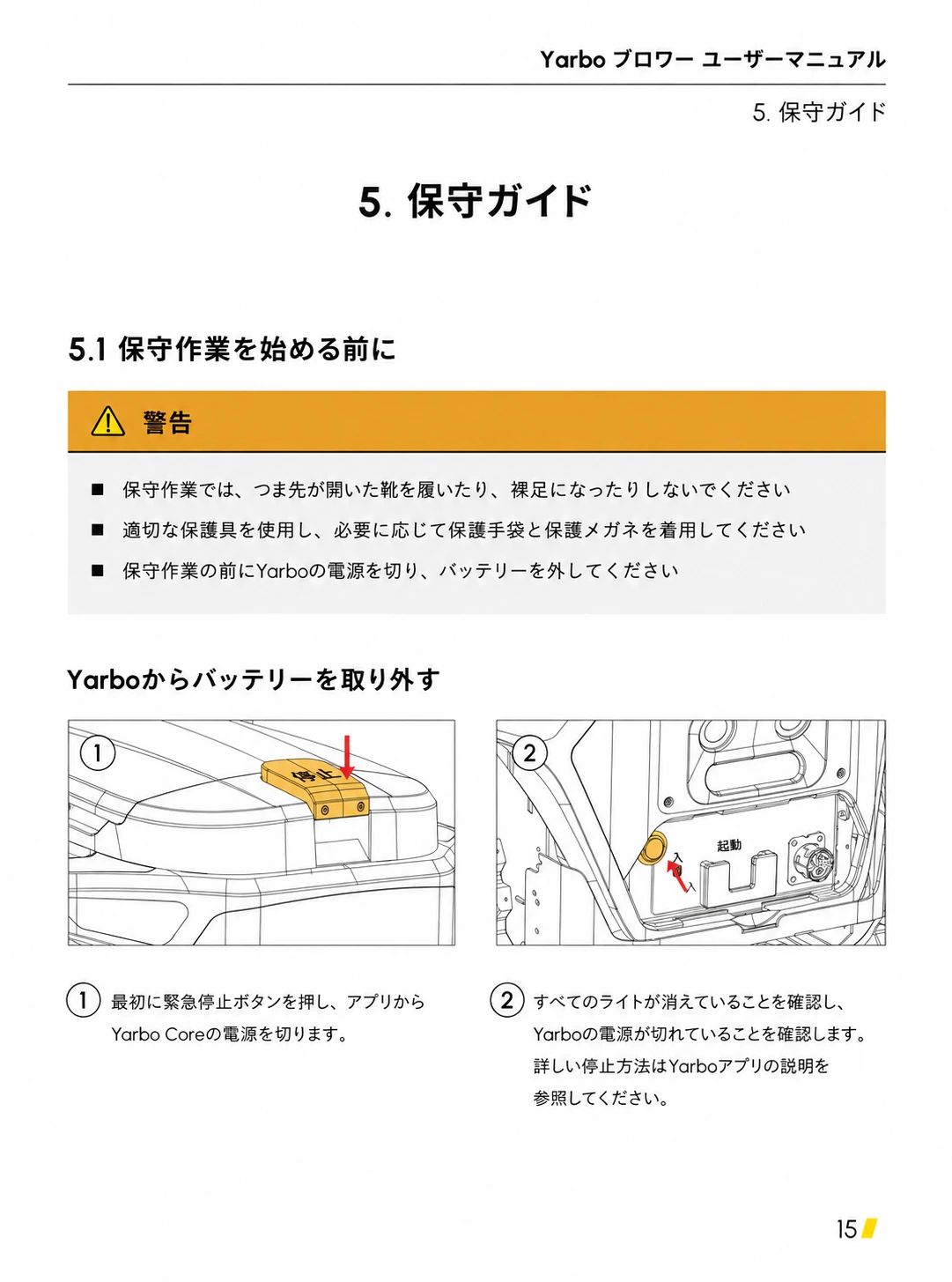 保護具、停止、バッテリー取外し前の確認を示す日本語版保守ページ