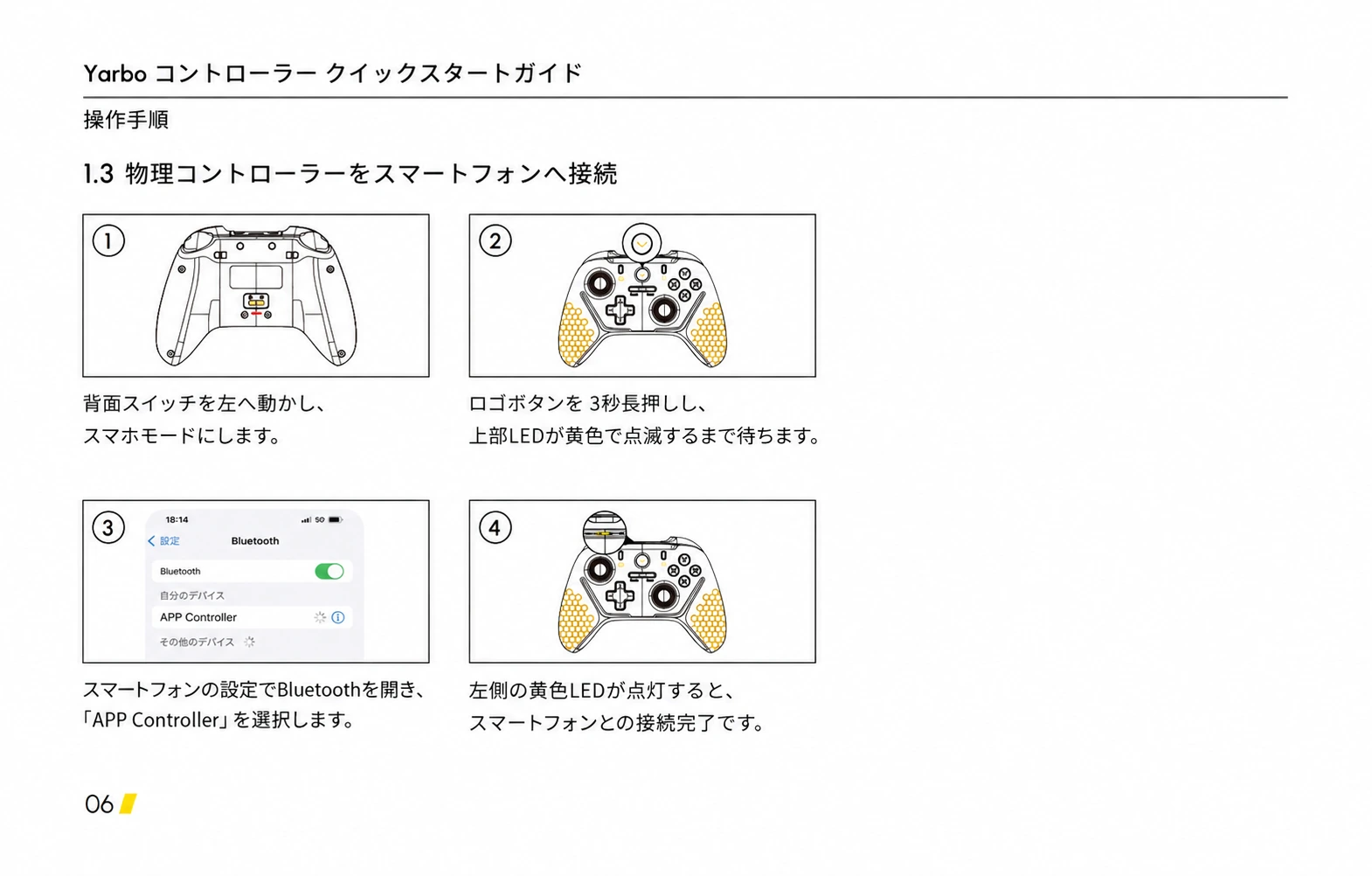 スマホモードへの切替、Bluetooth設定、接続完了LEDを示す日本語版手順ページ