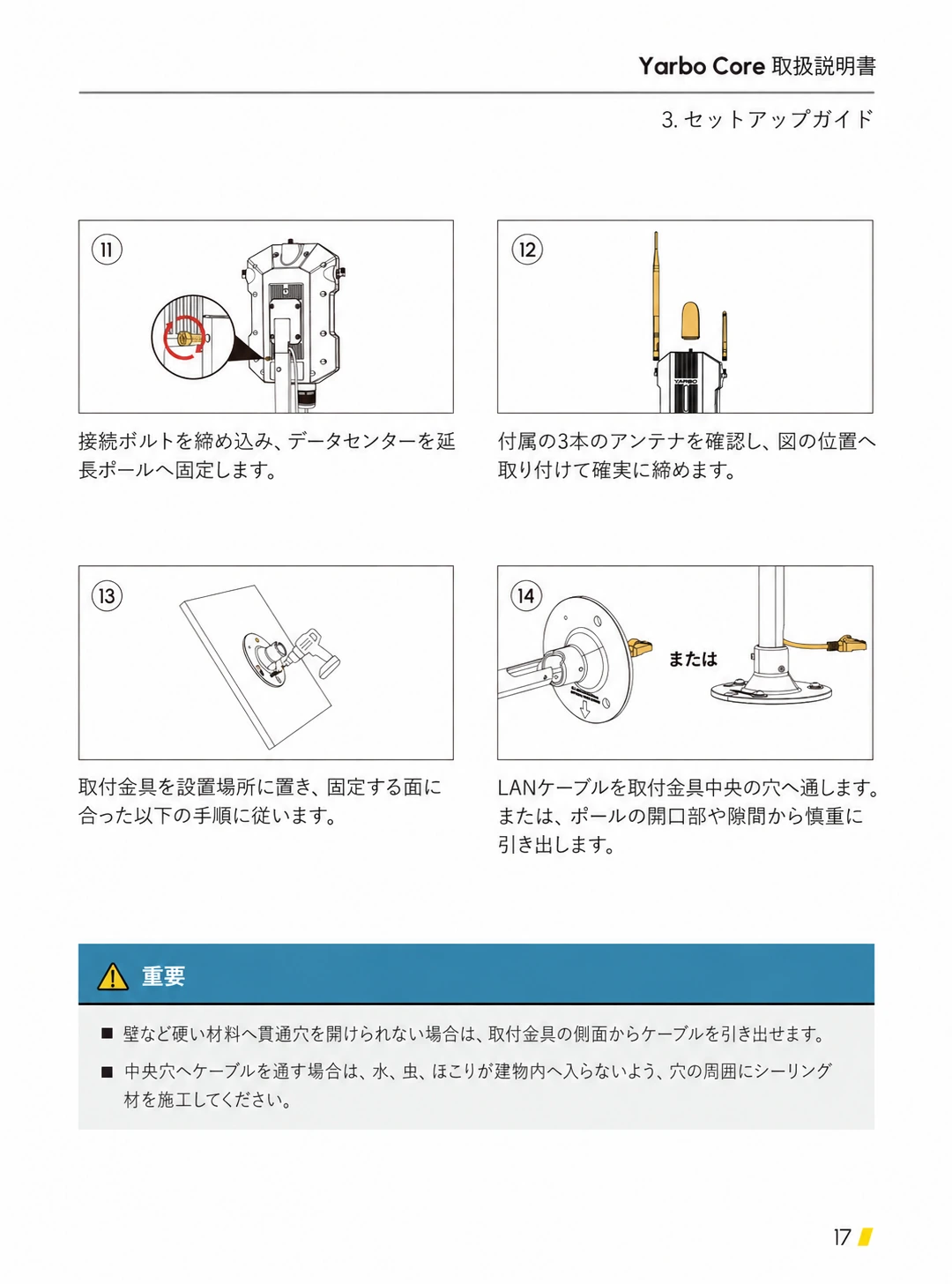データセンター固定、アンテナ3本、取付金具、配線経路の手順11から14を示した日本語版図