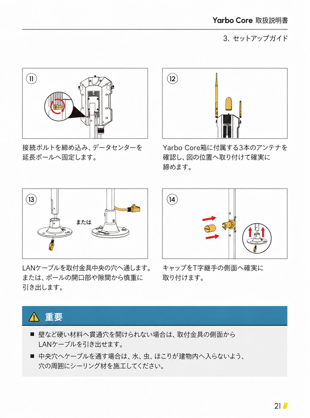 データセンター固定、アンテナ3本、配線経路、キャップ取付けの手順11から14を示した日本語版図