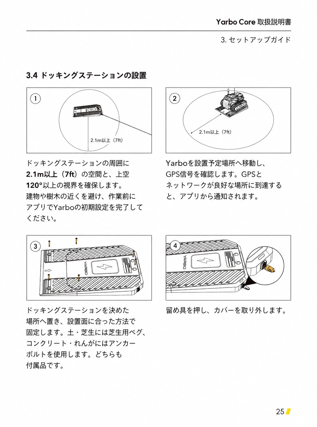 周囲2.1mと上空120度の条件、GPS確認、設置面別固定、カバー取外しを示した日本語版図