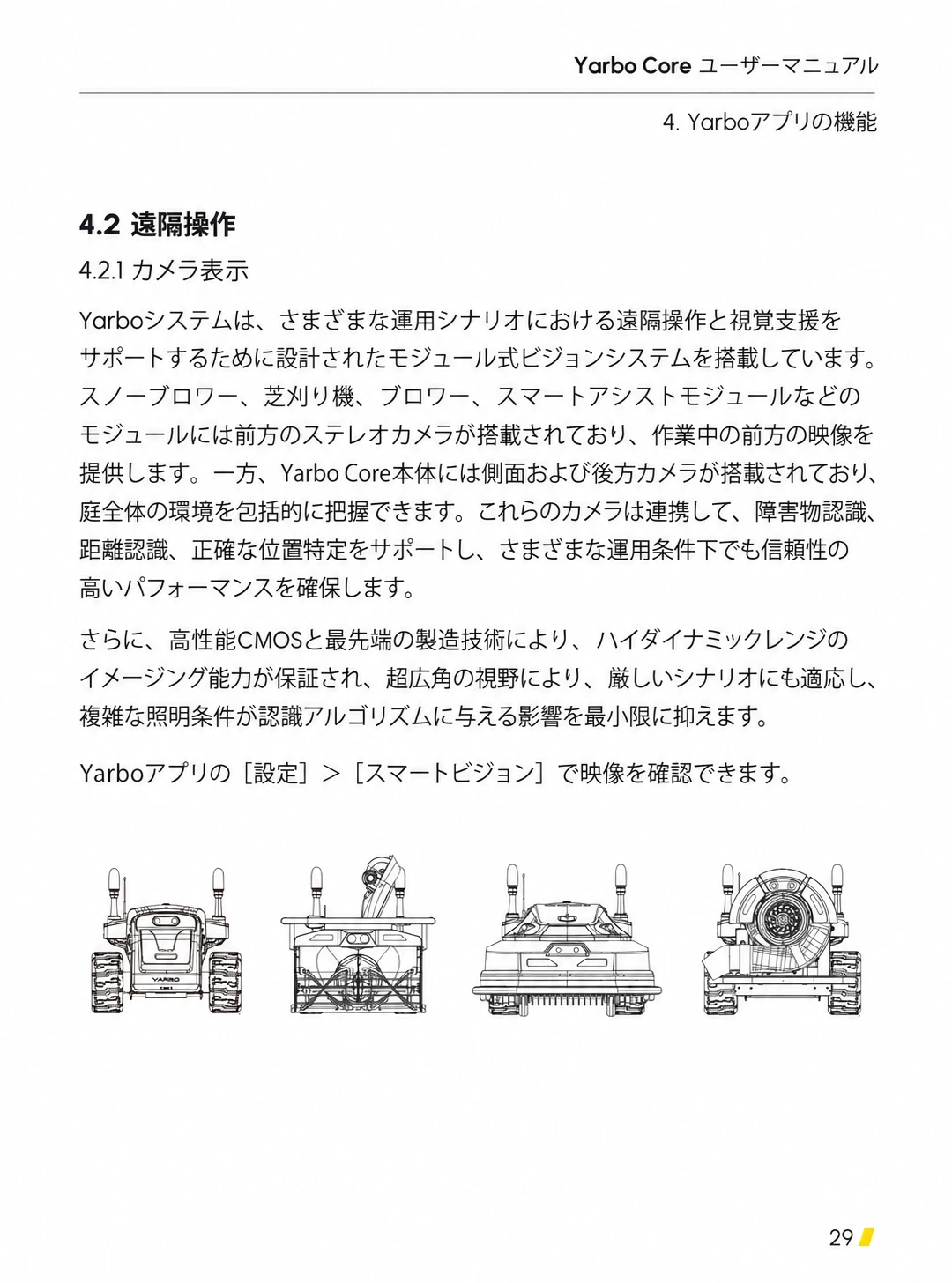 モジュール前方カメラとCore側面・後方カメラの役割、スマートビジョンを説明した日本語版ページ