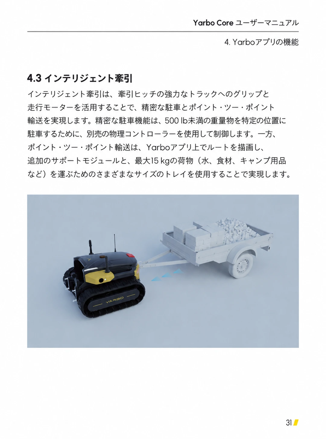 牽引ヒッチでトレーラーをけん引するYarboと500 lb未満・最大15 kgの条件を示した日本語版ページ