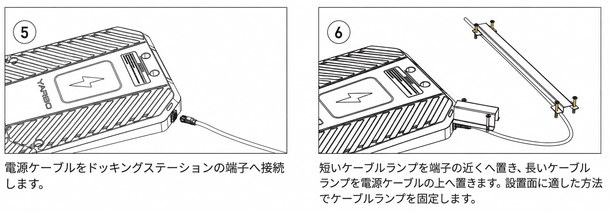 電源端子への接続と短い・長いケーブルランプの配置を示す日本語版手順5と6