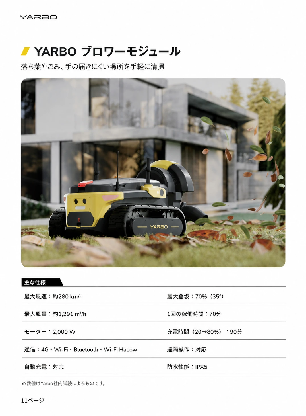 Yarboブロワーモジュールの製品写真と最大風速、風量、稼働時間、通信方式、防水性能などをまとめた日本語版資料