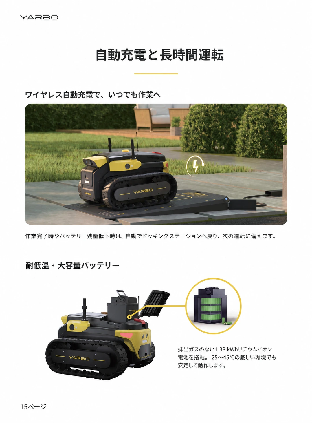 Yarboのワイヤレス自動充電と1.38キロワット時の耐低温バッテリーを説明した日本語版資料