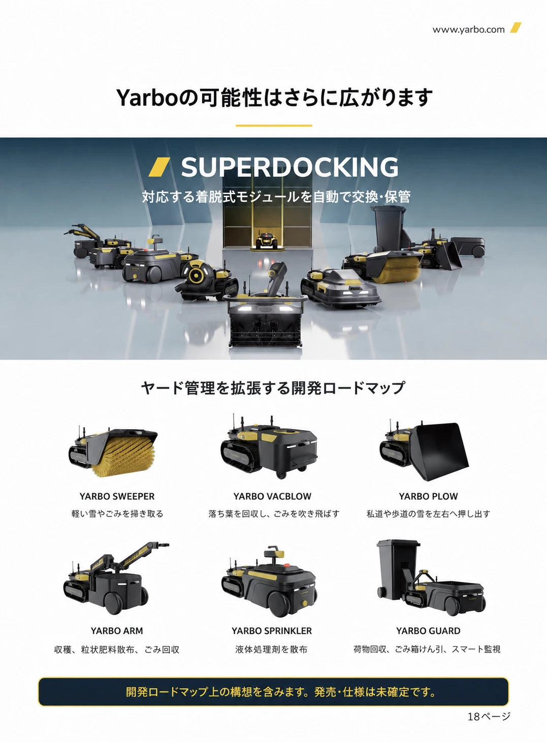 モジュール自動交換設備SUPERDOCKINGと将来構想の6種類のYarboモジュールを説明した日本語版資料