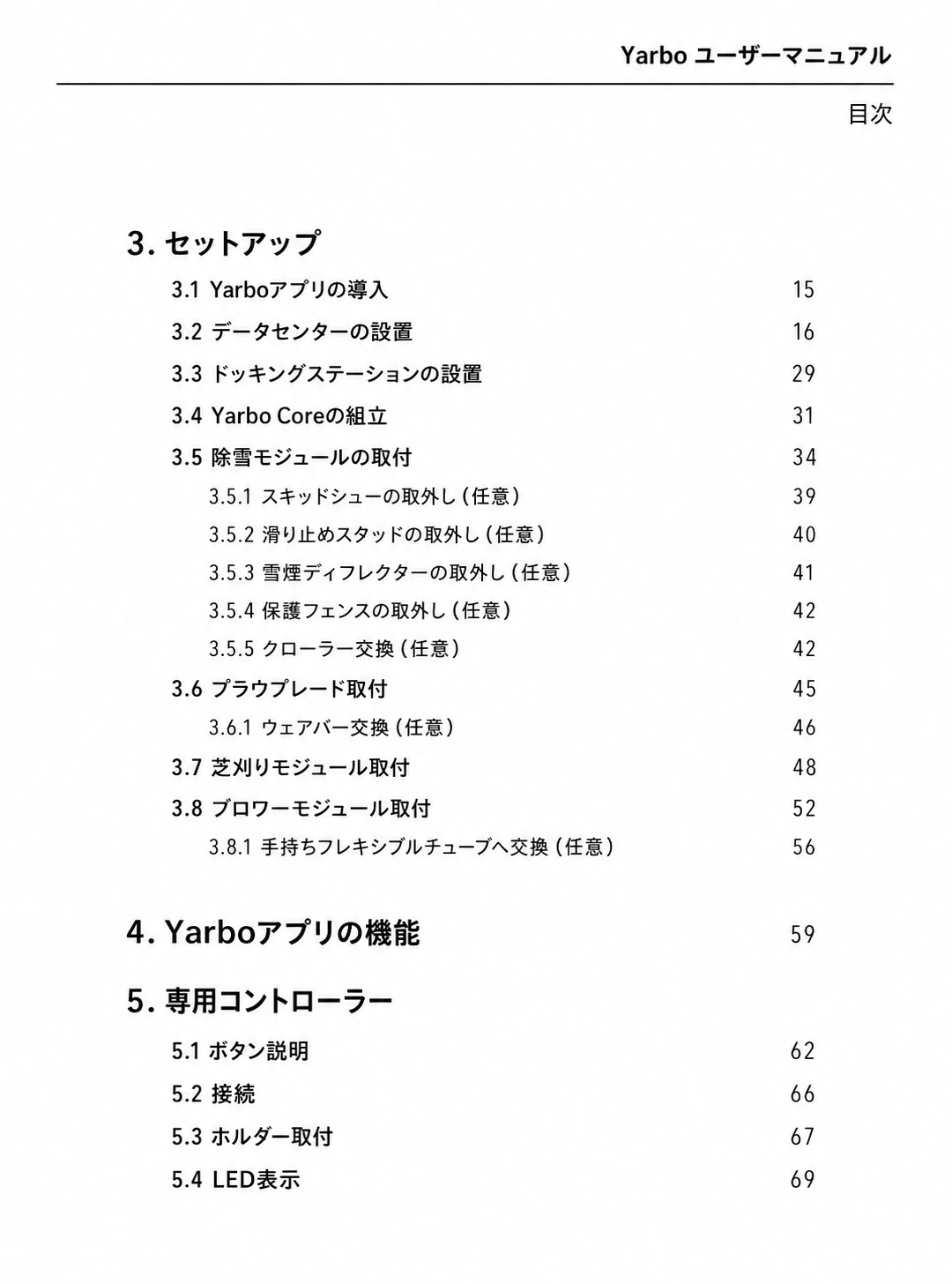 セットアップ、アプリ機能、専用コントローラーの参照ページを示す日本語版ユーザーマニュアル目次