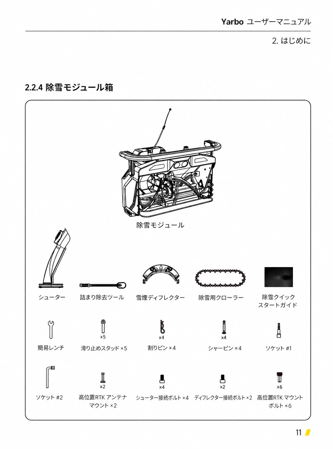除雪モジュール、シューター、工具、固定部品などの同梱品を示した日本語版一覧