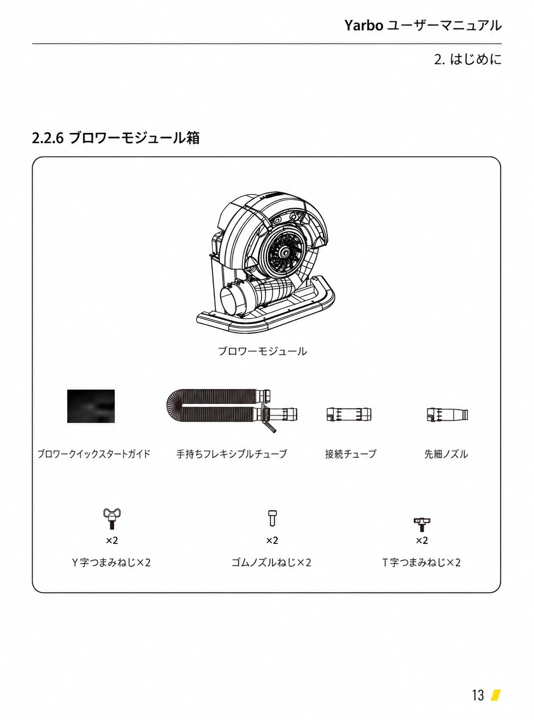 ブロワーモジュール、ノズル、工具、固定部品などの同梱品を示した日本語版一覧
