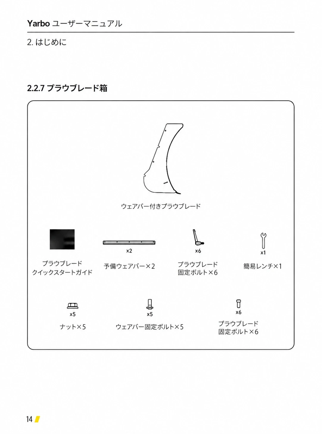 プラウブレードと取付部品、工具などの同梱品を示した日本語版一覧