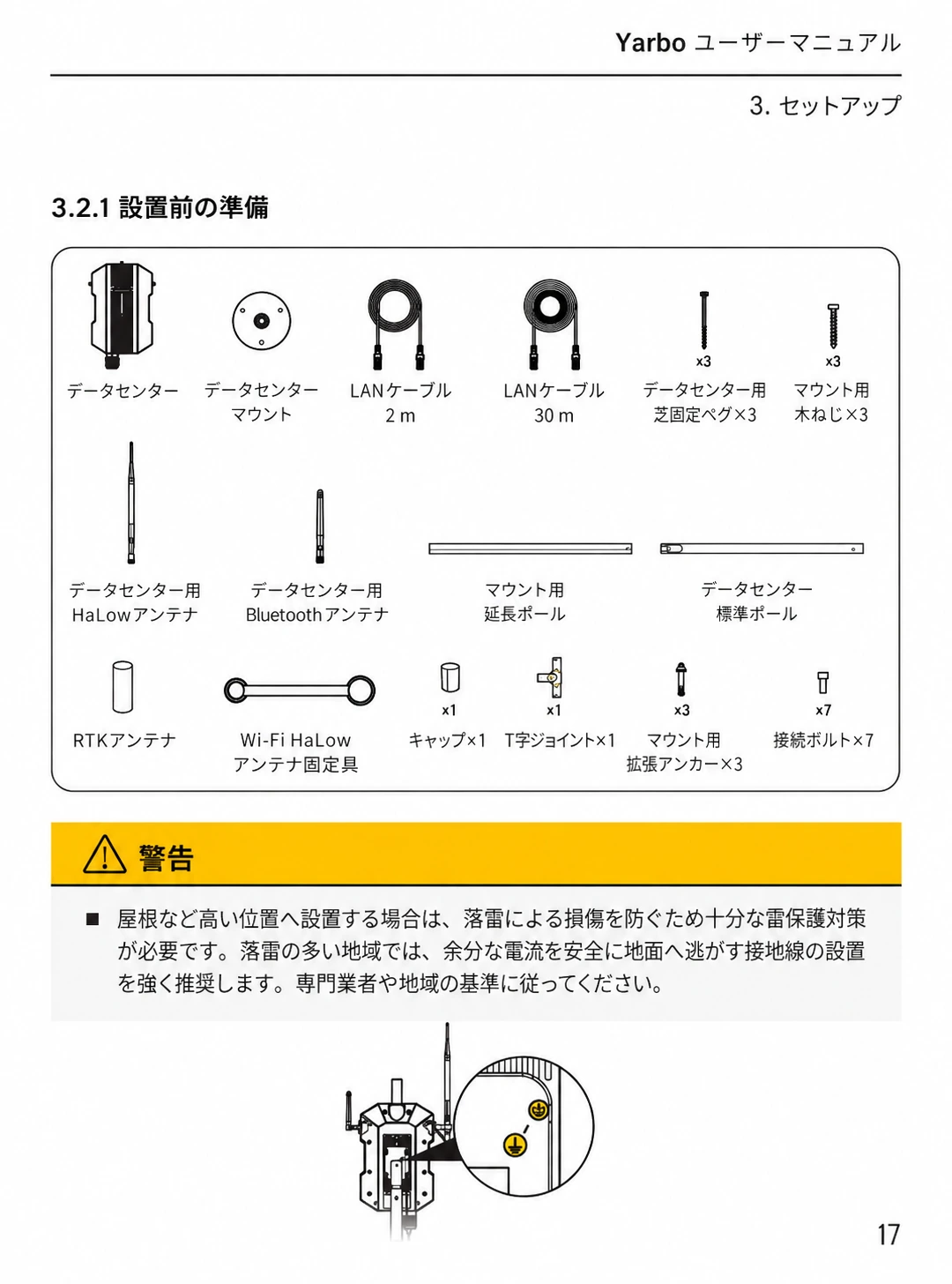 データセンターの設置部品16項目と接地を含む雷保護の注意を示した日本語版一覧