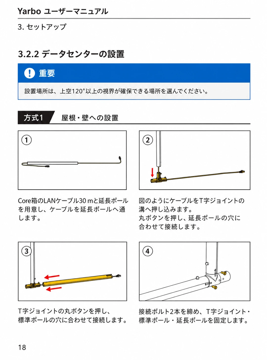 LANケーブル、延長ポール、T字ジョイント、標準ポールを接続する日本語版手順1から4