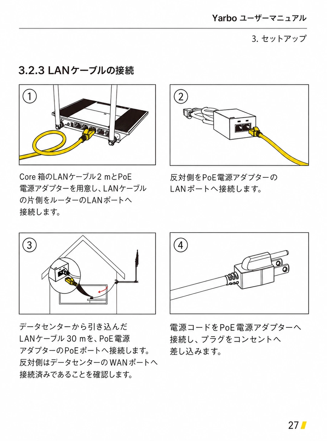 ルーター、PoE電源アダプター、データセンターをLANケーブルで接続する日本語版手順