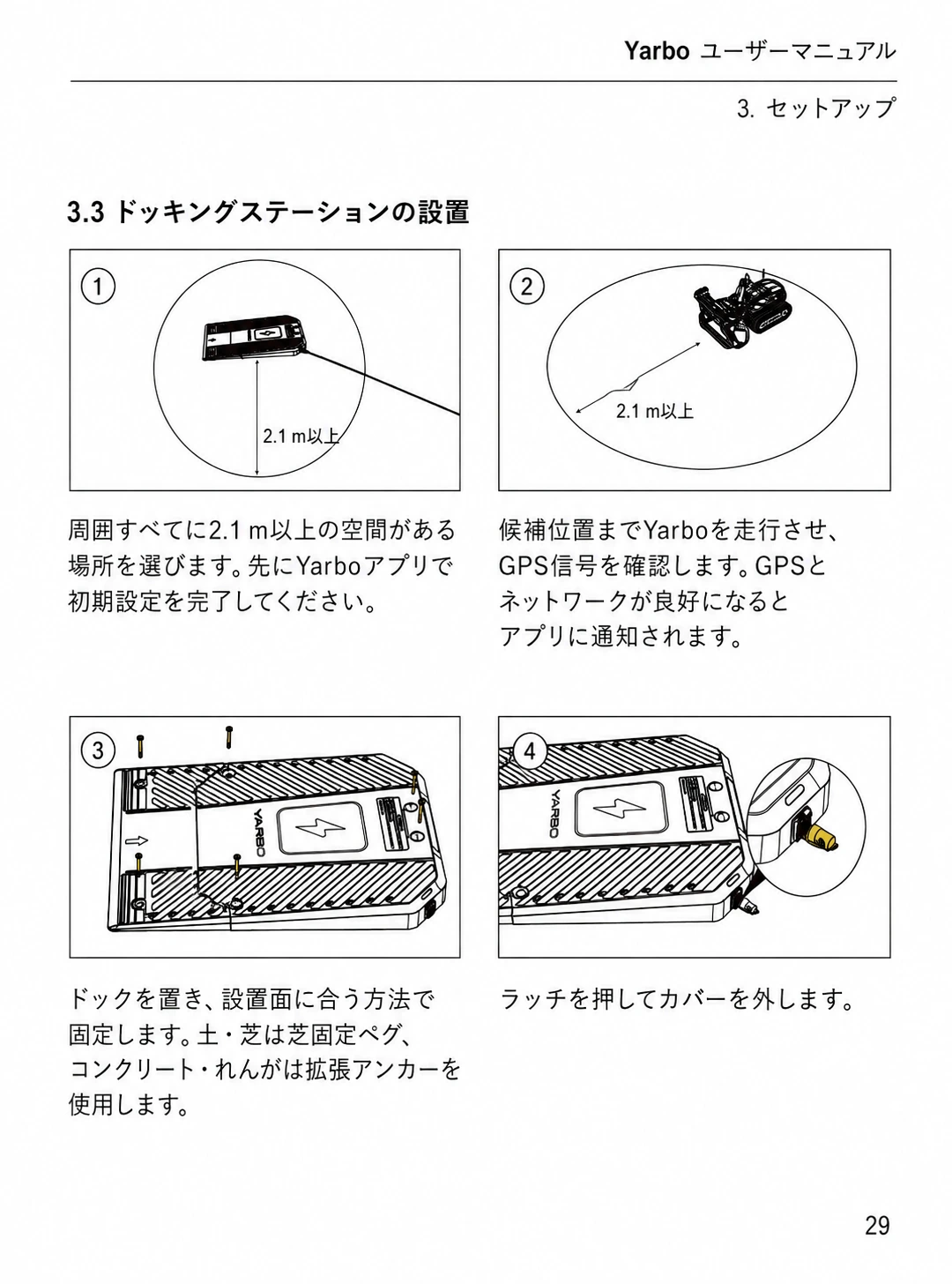周囲2.1メートル以上の空間確認、GPS確認、設置面への固定、カバー取外しを示した日本語版手順