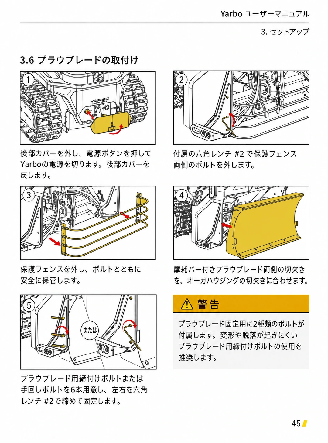保護フェンスを外し、プラウブレードをボルト6本で取り付ける日本語版手順1から5