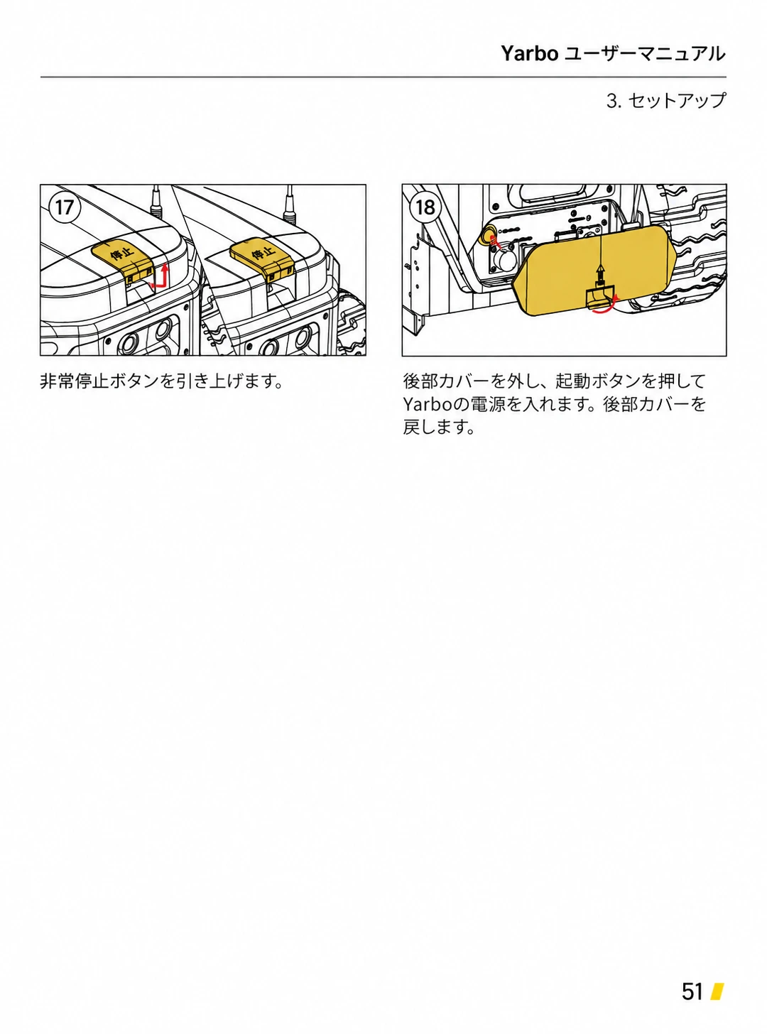 非常停止ボタンを解除し、後部カバー内の起動ボタンでYarboの電源を入れる日本語版手順17から18