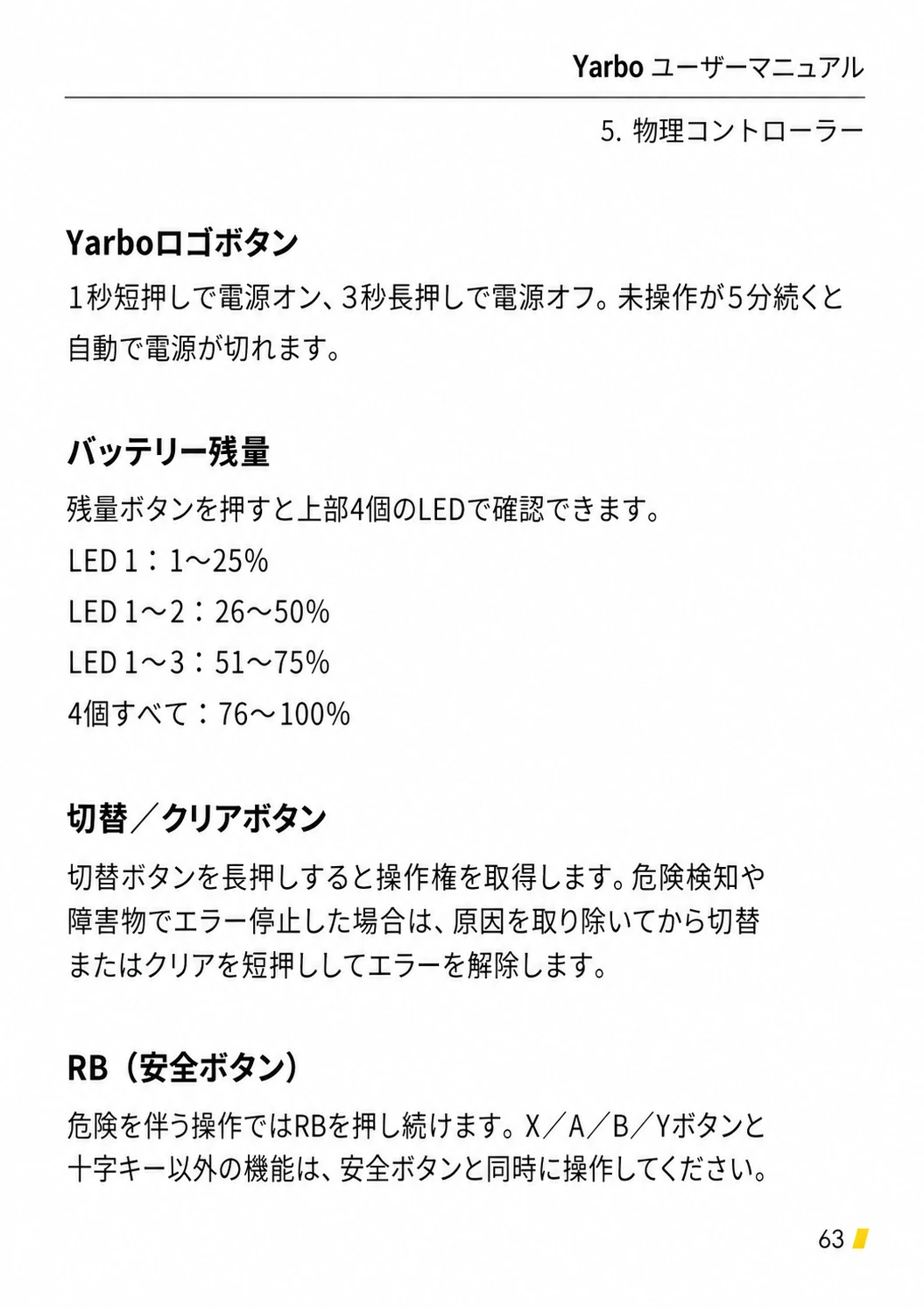 コントローラーの電源操作、LED残量表示、操作権取得、RB安全ボタンを説明する日本語版ページ