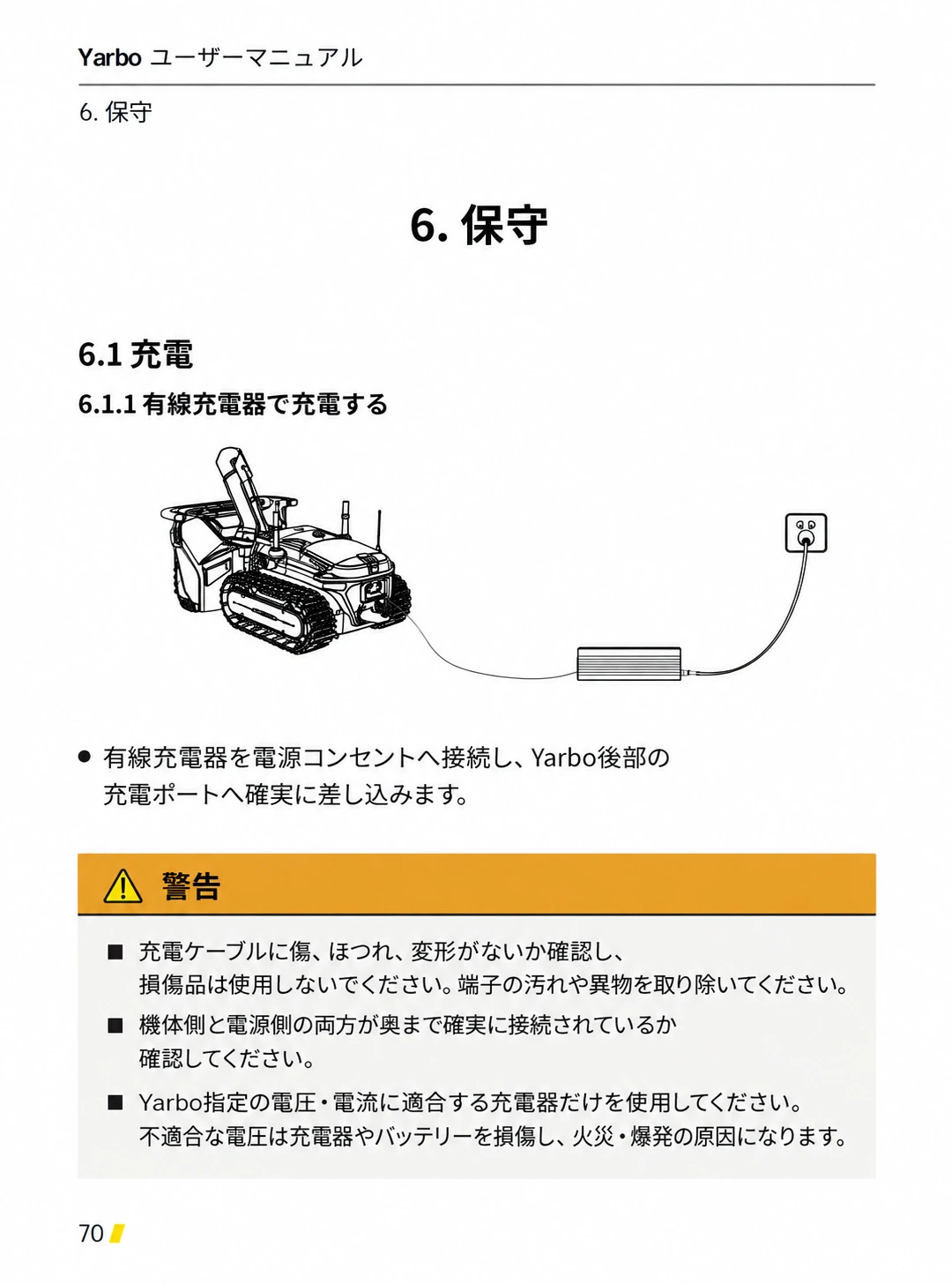 Yarboと有線充電器、電源コンセントの接続方法と火災・爆発防止の警告を示す日本語版ページ