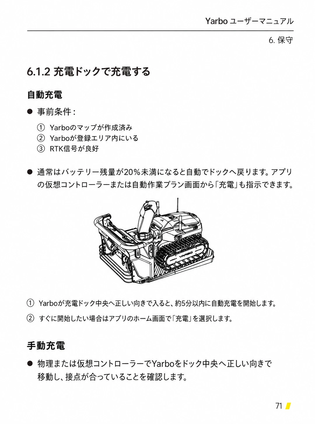 マップ、登録エリア、RTK信号を確認し、Yarboを充電ドック中央へ入れる日本語版手順