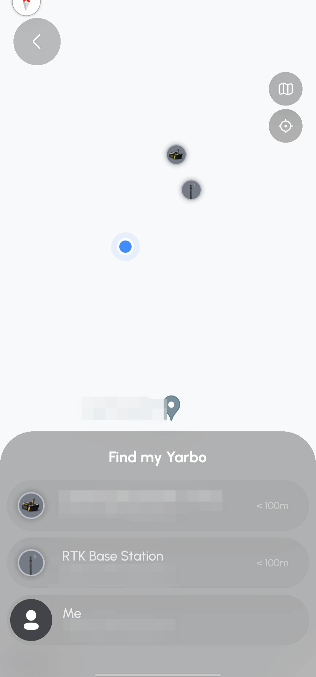 Find My Yarbo画面で地図と位置リストが表示されている
