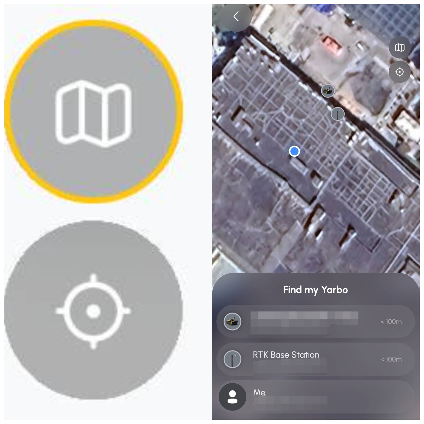 Find My Yarboの地図表示で地図切替と現在地ボタンが示されている
