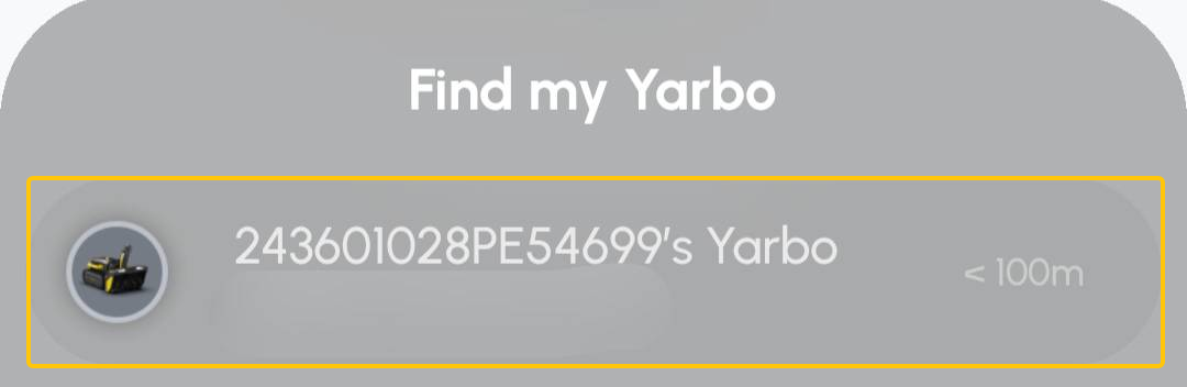 Find My Yarbo画面でYarbo本体の行が強調表示されている