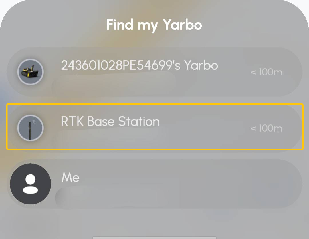Find My YarboでRTK Base Stationの行が強調表示されている