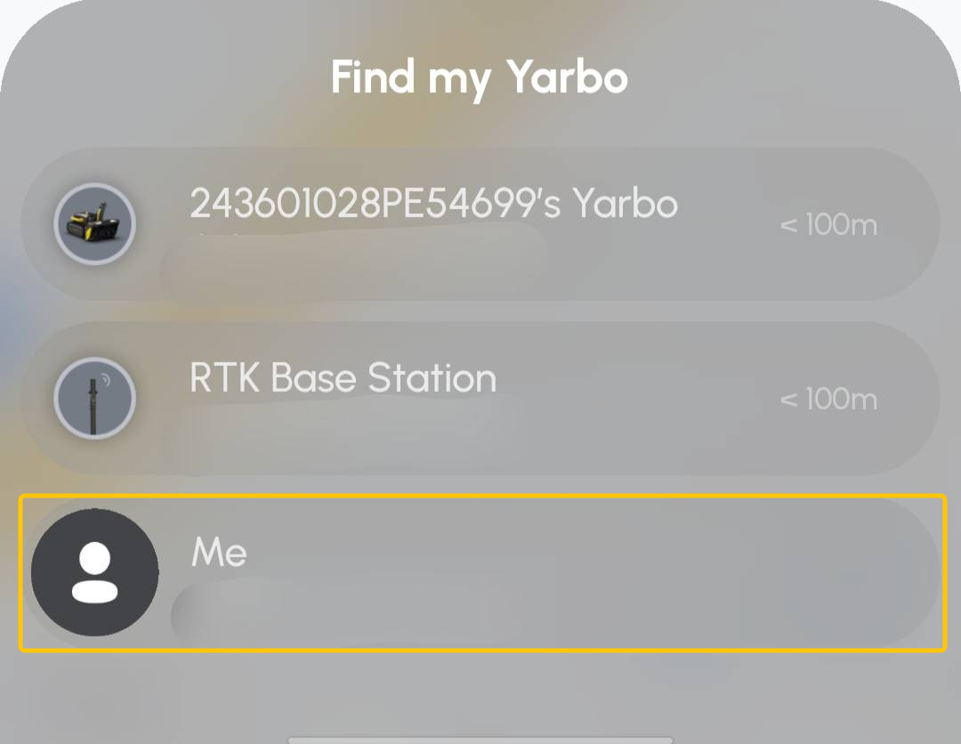 Find My YarboでMeの行が強調表示されている