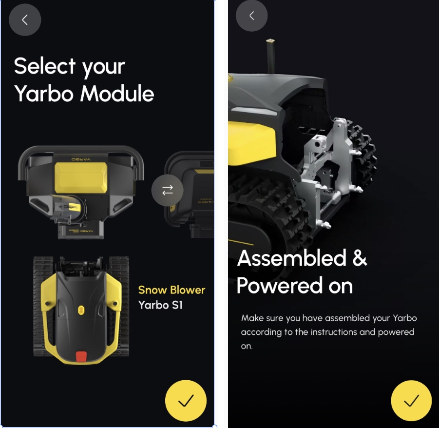 Yarboモジュール選択とAssembled and Powered on画面が並んでいる