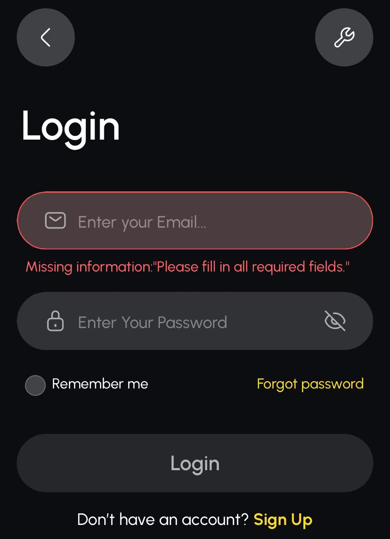 YarboアプリのLogin画面でメールアドレスとパスワード入力欄が表示されている