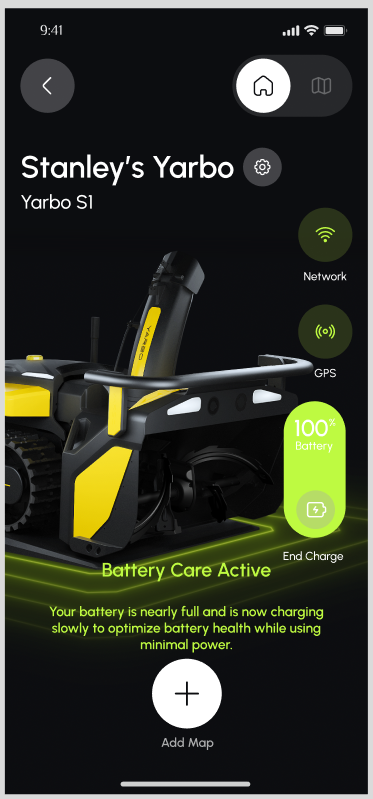 YarboアプリにBattery Care Activeが表示されている