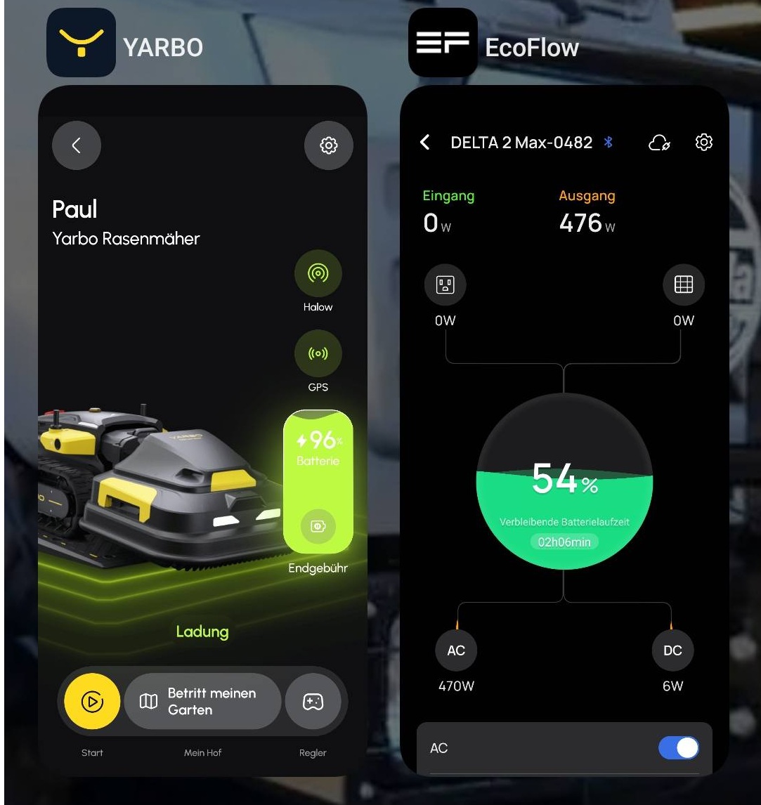 YarboアプリとEcoFlow画面が並び充電状態が表示されている