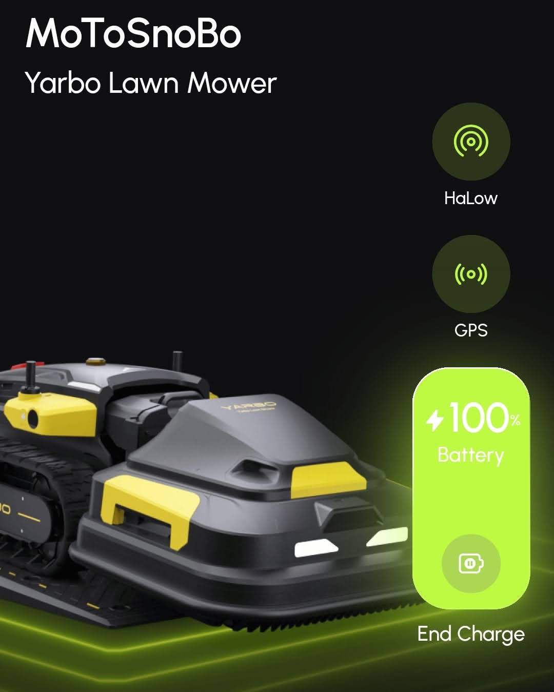YarboアプリのメインページにHaLow、GPS、Batteryが表示されている