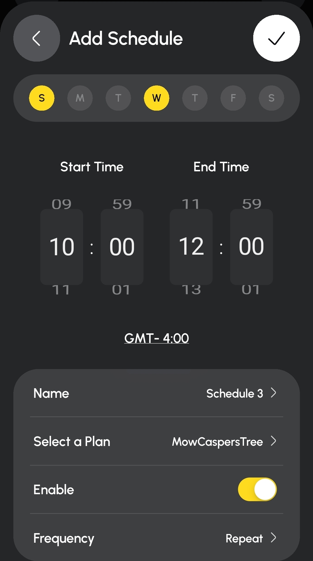 Add Schedule画面で日曜と水曜、10時から12時の例が表示されている