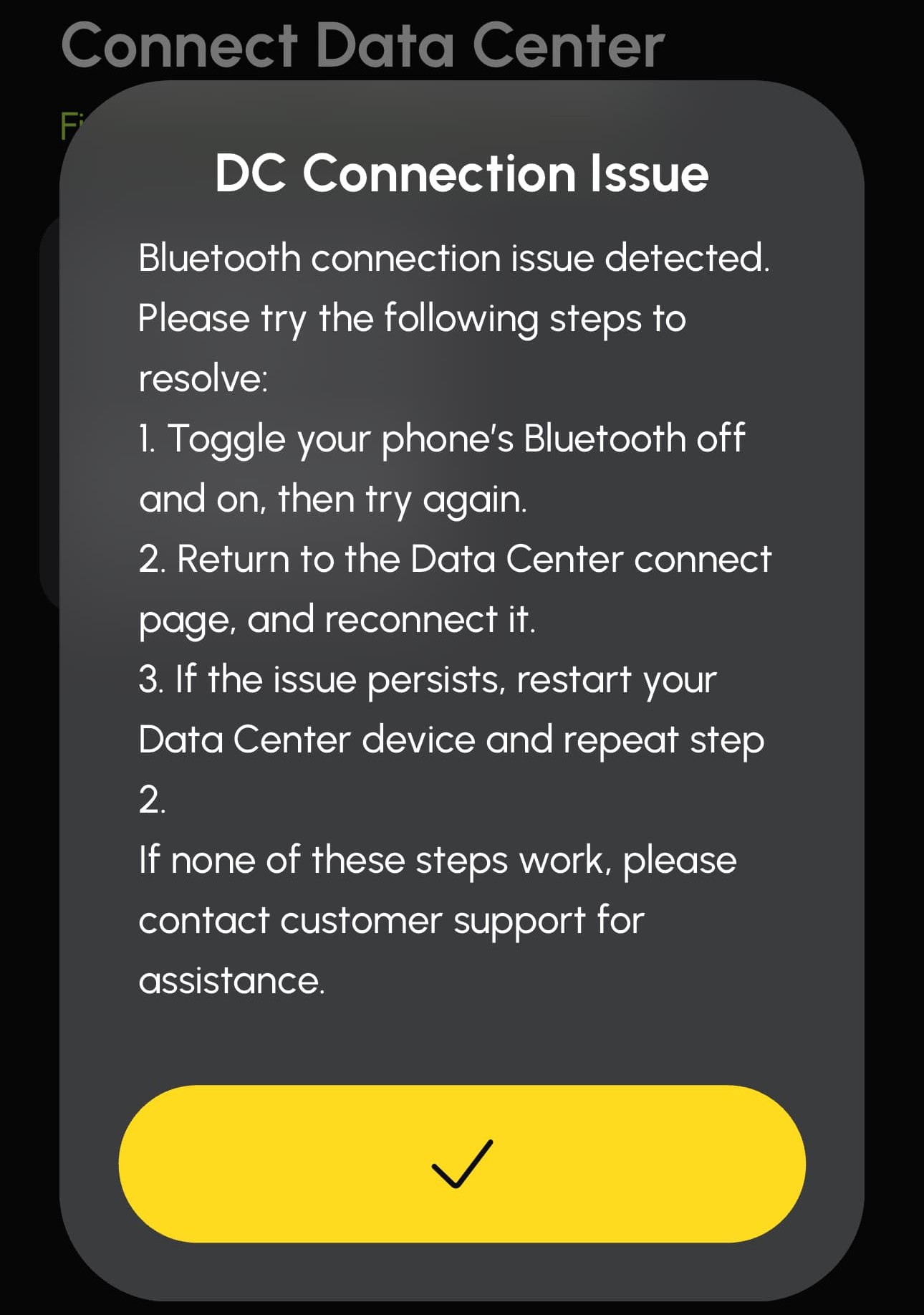 DC Connection Issueの案内がアプリに表示されている