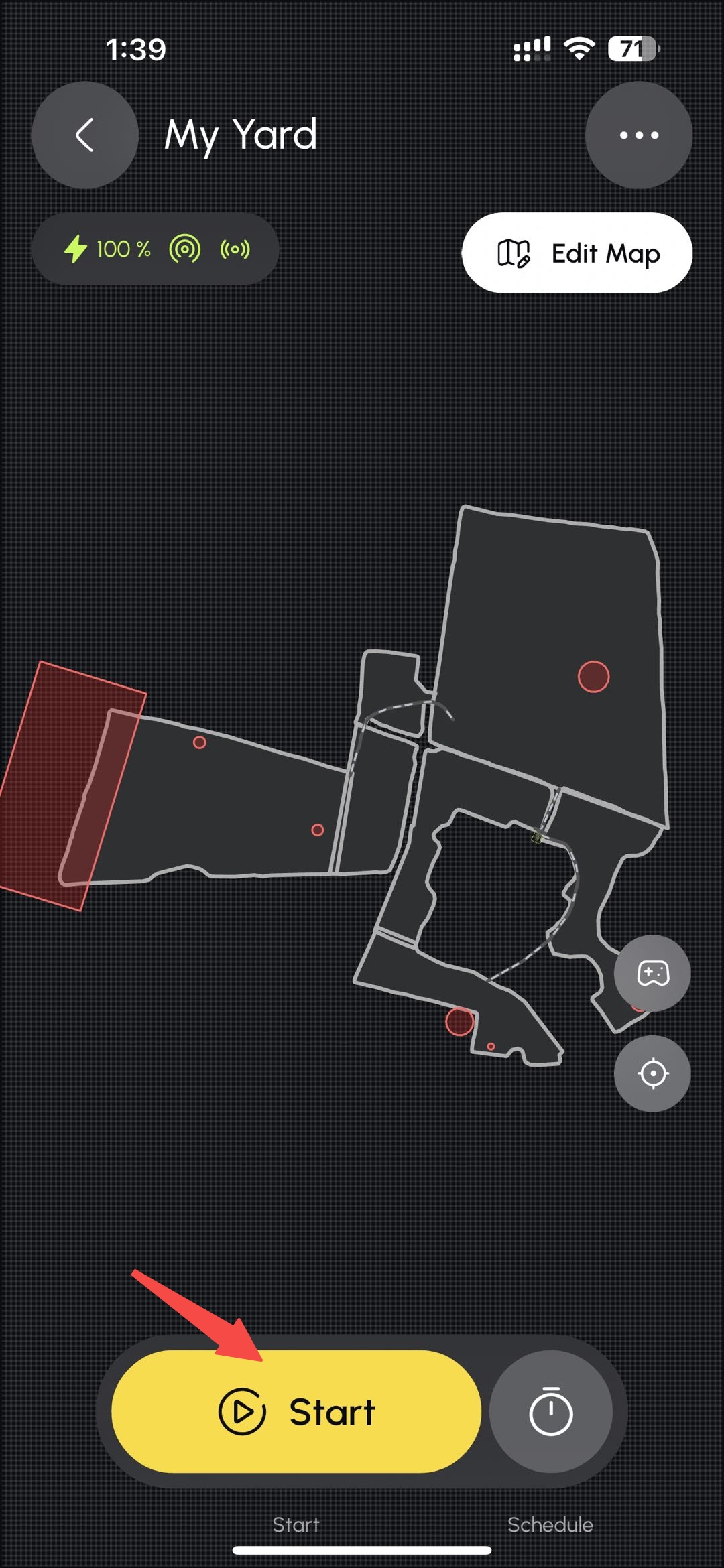 My Yard画面でStartボタンが赤矢印で示されている